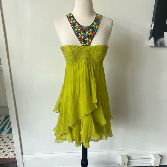BCBG Beaded Lime Green Mini Ruffle Dress - Picture 3 of 10